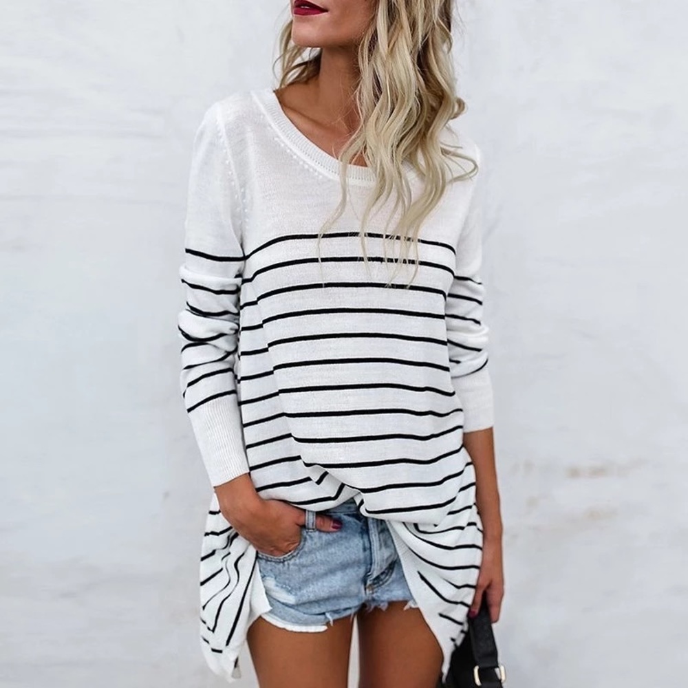 Stripe Sharkbite Long Sleeve Crew Neck Sweater Top - Picture 3 of 6